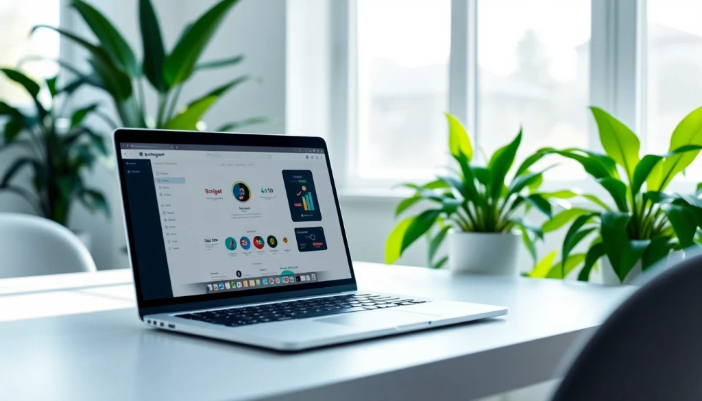 Engage with Brightet through a sleek laptop in a vibrant digital workspace.