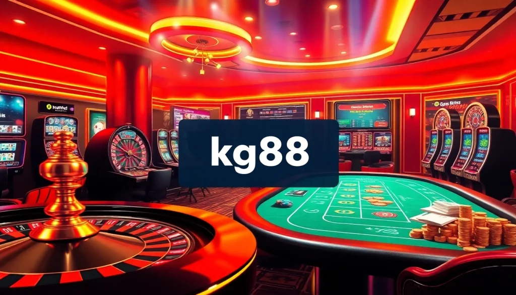 Experience the excitement of kg88 with a luxurious online casino scene featuring roulette, slot machines, and poker tables.