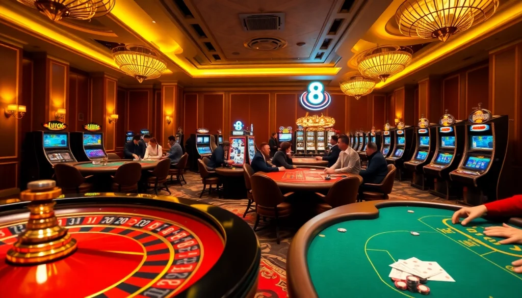 LUCK8 casino scene with poker tables, roulette wheel, and vibrant slot machines.