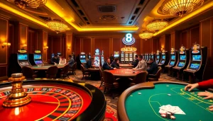 LUCK8 casino scene with poker tables, roulette wheel, and vibrant slot machines.