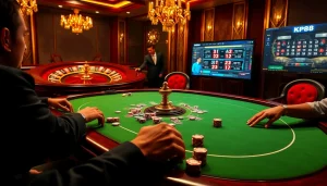 Experience high-stakes poker action with kp88, showcasing luxury in gambling tables and chips.