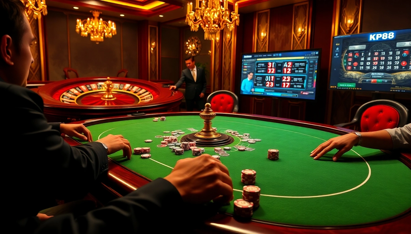 Experience high-stakes poker action with kp88, showcasing luxury in gambling tables and chips.