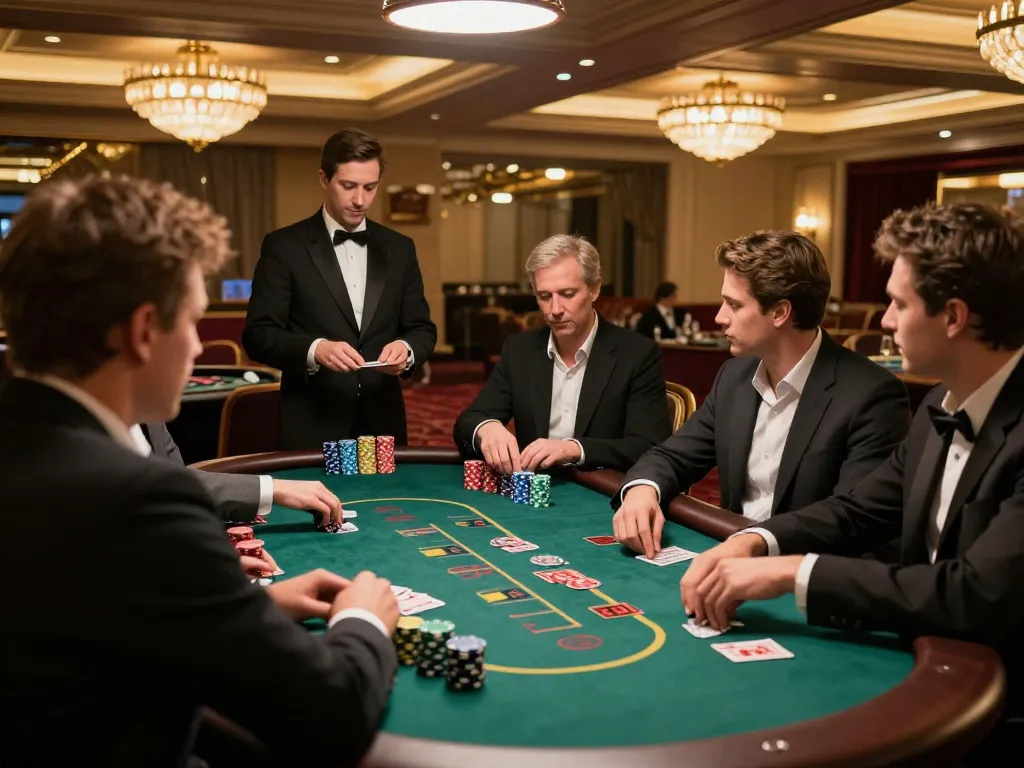 Players at the blackjack table enjoy the thrill of 5699, showcasing their betting strategies amidst a lively casino atmosphere.