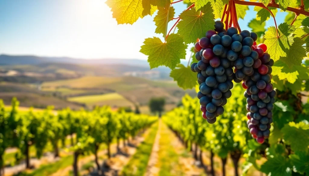 Vibrant landscape of Clarksburg wineries showcasing grapevines and ripe grapes against a clear blue sky.