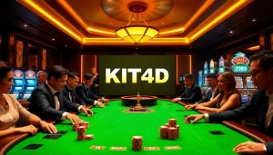 Pemain yang terlibat sedang menikmati permainan poker di meja kasino VIP KIT4D, menonjolkan kegembiraan.
