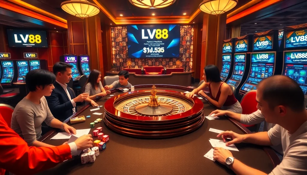 Players enjoying a thrilling LV88 gaming experience at a vibrant casino table.