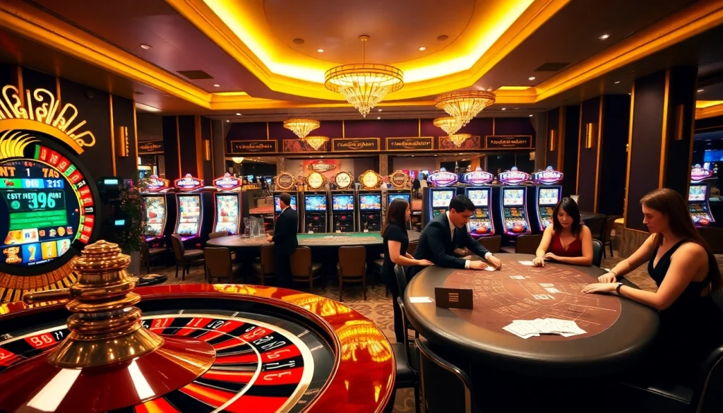 RR88 players placing bets at a luxurious casino table with vibrant gaming elements.