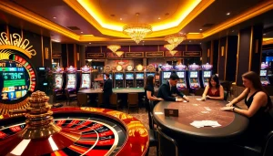 RR88 players placing bets at a luxurious casino table with vibrant gaming elements.