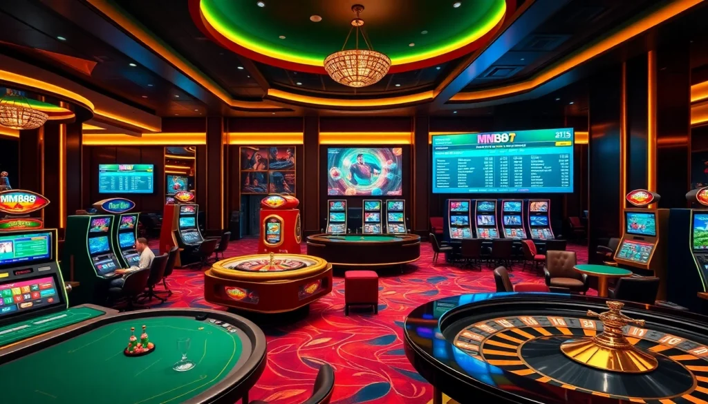 Players engaging with mm88bet at a vibrant casino table with poker chips and slot machines.