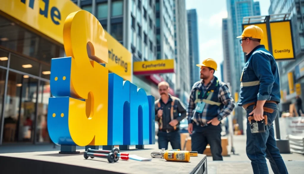 Sign company Edmonton team expertly installing a custom sign outdoors in a vibrant urban setting.