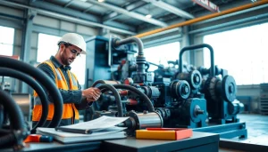 Conducting hydraulic system maintenance; technician inspecting hydraulic equipment meticulously.