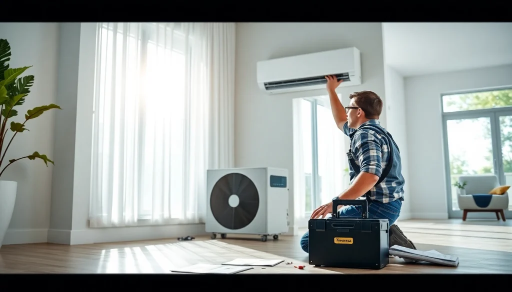 Performing AC installation services with precision and care in a bright living room.