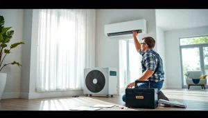 Performing AC installation services with precision and care in a bright living room.