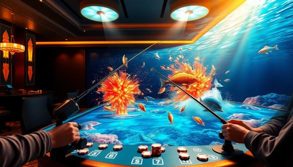 Bắn cá đổi thưởng players skillfully aiming for prizes in a vibrant underwater casino environment.
