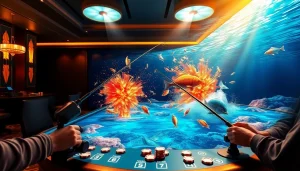 Bắn cá đổi thưởng players skillfully aiming for prizes in a vibrant underwater casino environment.