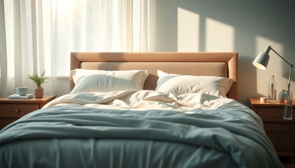 リラックスできる寝室のセットアップ。風邪を一晩で治す方法の要素をハーブティーと水とともに示しています。