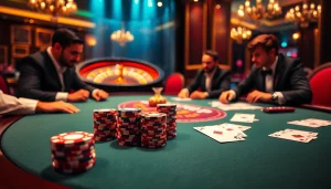 Engaging IDN poker players strategizing with cards and chips in a luxurious casino setting.