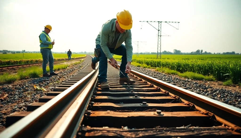 Workers engaged in Railroad Maintenance, inspecting tracks in a rural landscape.