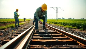 Workers engaged in Railroad Maintenance, inspecting tracks in a rural landscape.