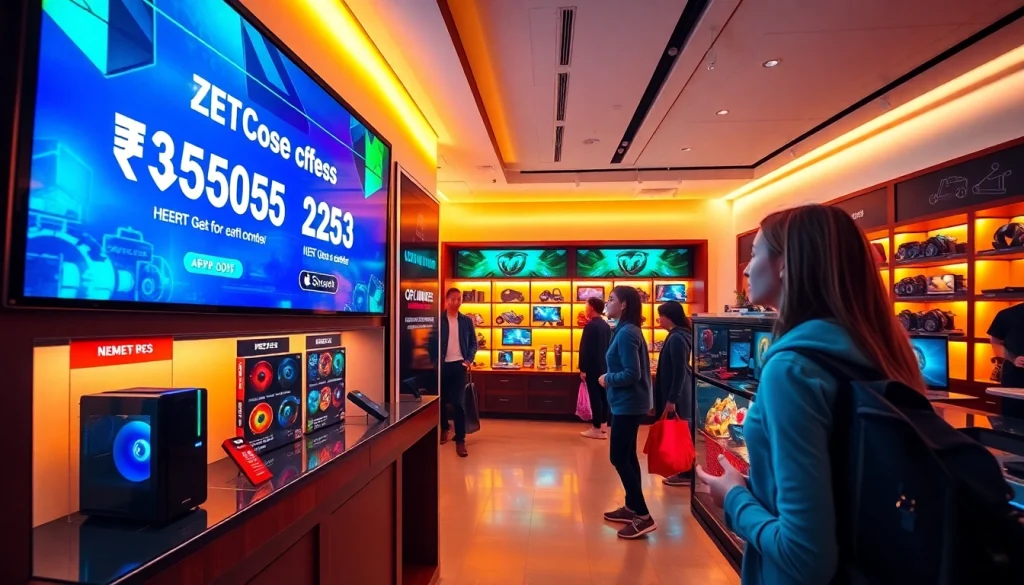 現代的なテックストアの雰囲気の中でドスパラクーポンコードを発見する魅力的なショッパーたち。