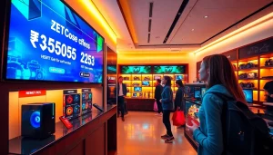 現代的なテックストアの雰囲気の中でドスパラクーポンコードを発見する魅力的なショッパーたち。