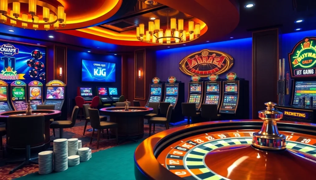 Experience thrilling online gambling at https://kjc.football/ with vibrant casino visuals, poker chips, and roulette wheels.