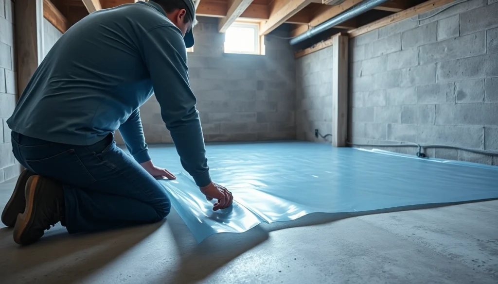 Vapor Barrier Installation showcased with a technician applying a barrier in a basement setting.