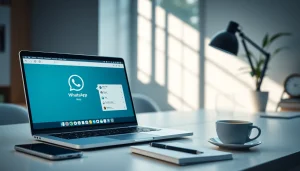 Enhance communication with WhatsApp Web on a modern laptop in a stylish workspace.