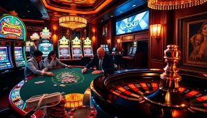 LUCK8 casino players strategizing at a high-stakes poker table amidst vibrant slot machines.