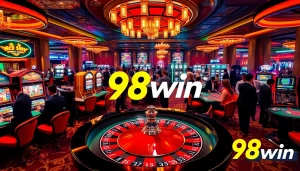 Casino scene showcasing 98win excitement with players engaging at roulette and slot machines.