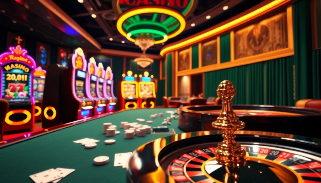 Découvrez l'excitation avec de superbes visuels de casino en ligne mettant en avant des machines à sous vibrantes et des tables de poker.