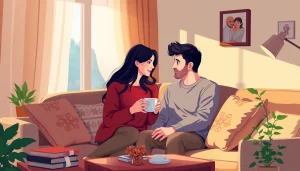 家で温かなひとときを共有するカップル、45分で彼を届けてのロマンチックなテーマを体現しています。