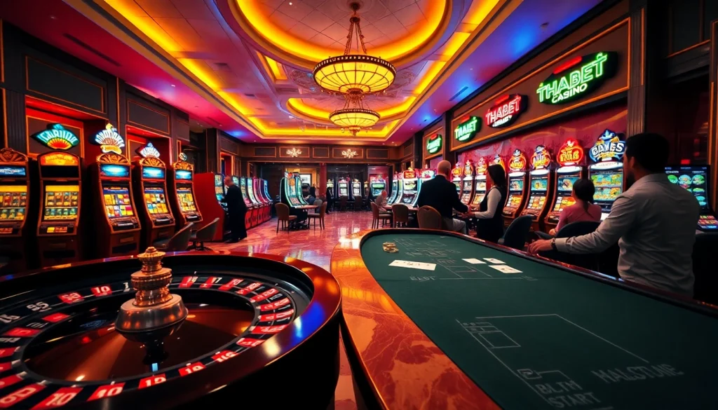 Exciting gameplay at Thabet casino with vibrant slot machines and poker tables.