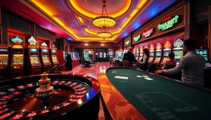 Exciting gameplay at Thabet casino with vibrant slot machines and poker tables.