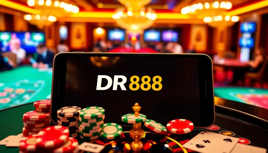 Players engaging with the DR88 app in a vibrant casino setting, surrounded by poker chips and cards.