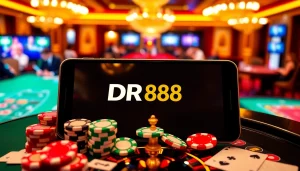 Players engaging with the DR88 app in a vibrant casino setting, surrounded by poker chips and cards.