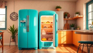 Retro appliance refrigerator in a modern kitchen, showcasing vibrant design and inviting atmosphere.