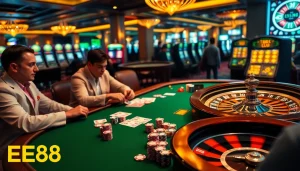 Intense poker action at EE88's luxurious casino scene with poker chips and cards.