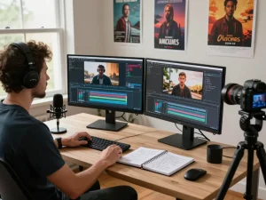 Content creator analyzing video to prompt in a bright, innovative workspace with dual monitors and cinematic art.