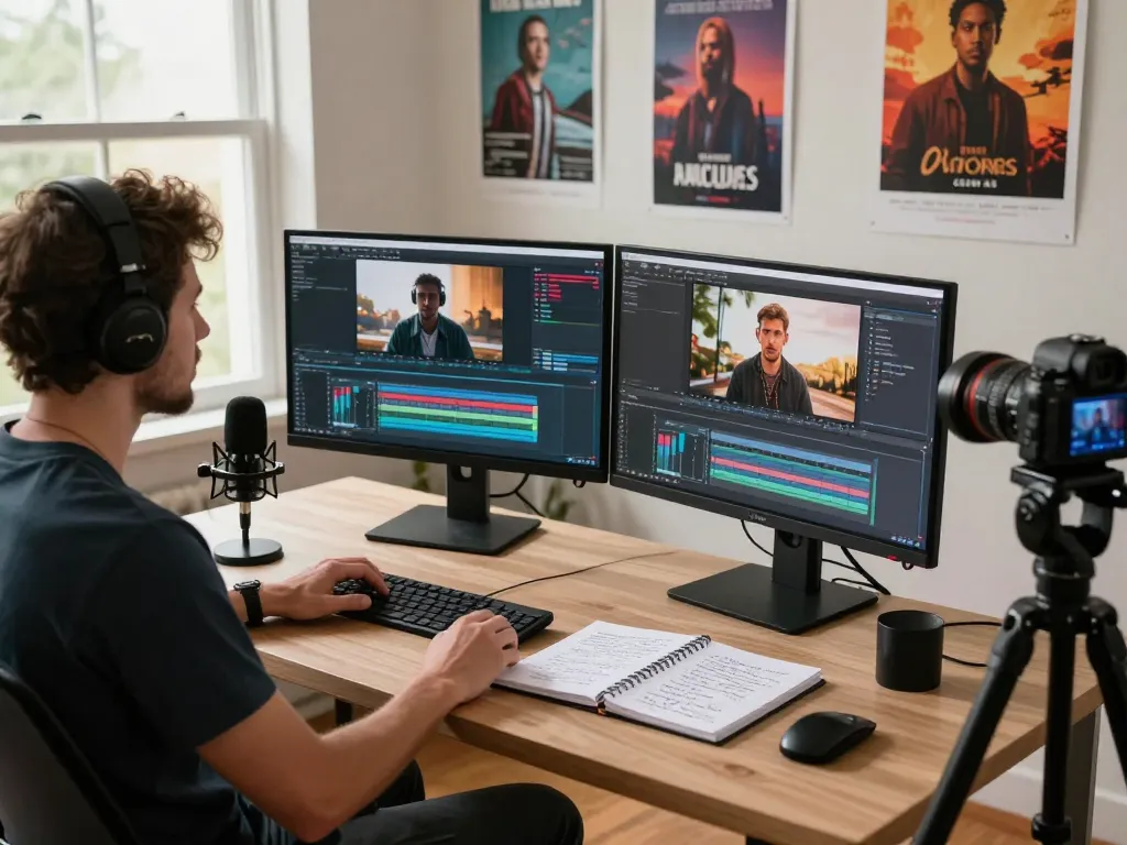 Content creator analyzing video to prompt in a bright, innovative workspace with dual monitors and cinematic art.