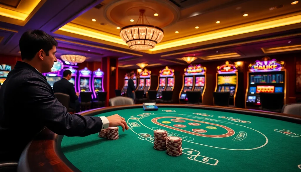 Mengundang pemain kasino di meja blackjack, menampilkan kemewahan yang terinspirasi oleh jmacdonaldphoto.com.