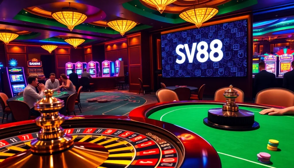 Exciting casino scene featuring SV388 roulette and blackjack tables, showcasing the thrill of gambling.