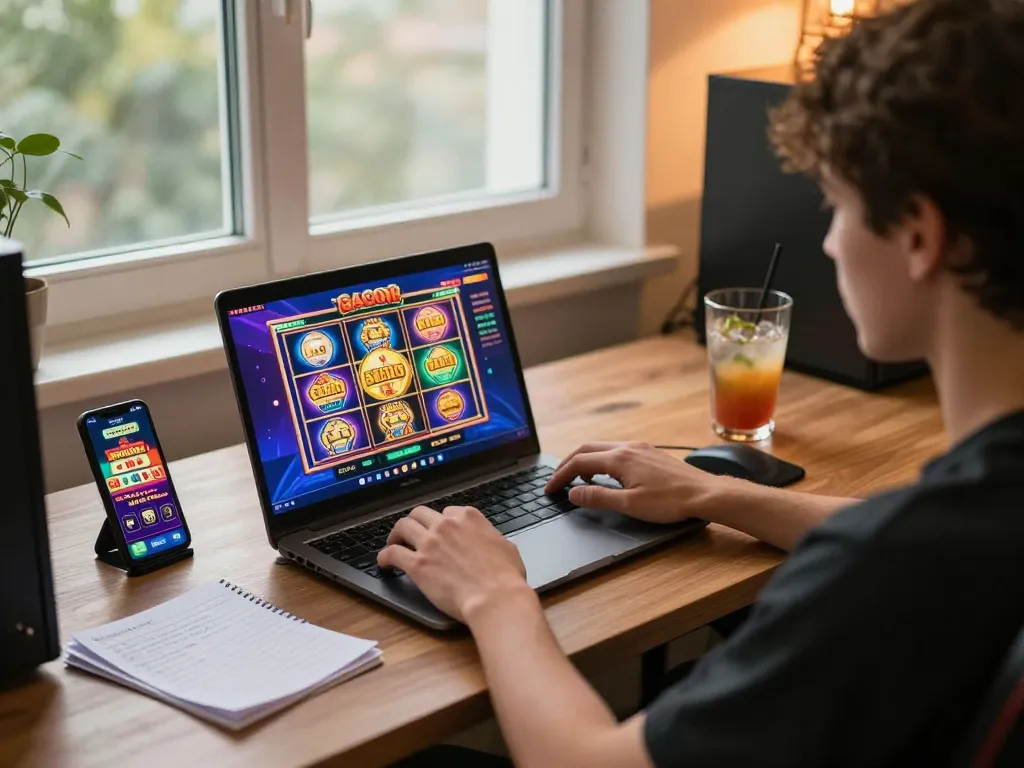 Engaged player enjoying a slot gacor game on a laptop in a cozy home setup