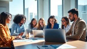 Promote edmonton social media marketing through a diverse team working collaboratively in a vibrant office.