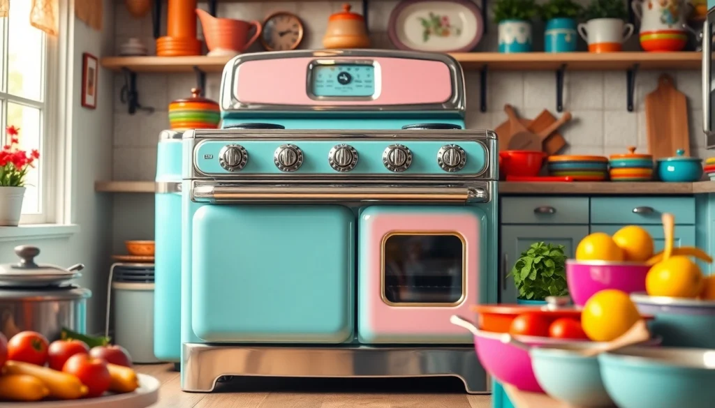 Cooking with a Retro Oven in a charming kitchen filled with colorful decor.