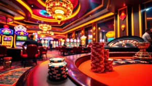 Engage in high-stakes excitement at NK88 with vibrant casino tables and chips.