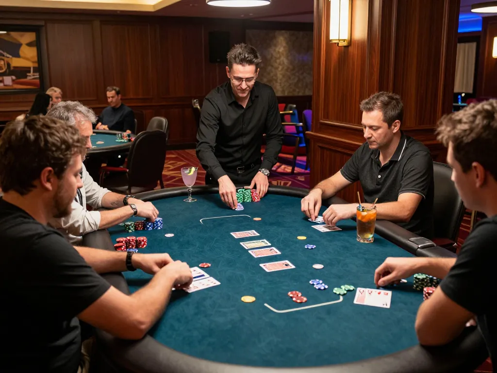 Players enjoying intense sunwin poker game at a lively casino table.