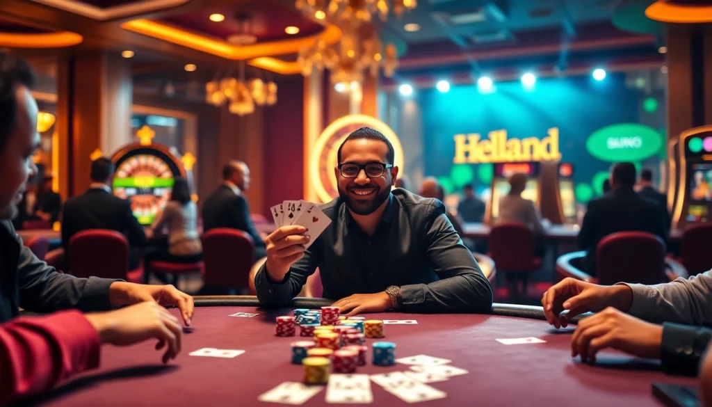 Players enjoy a thrilling poker game at KK55, showcasing excitement and luxury.