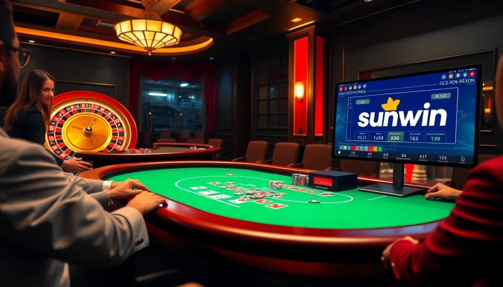Players engaged at a poker table, bringing sunwin excitement to their casino experience.