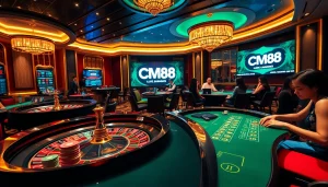Players winning big at a luxurious CM88 casino table with vibrant chips and exciting action.
